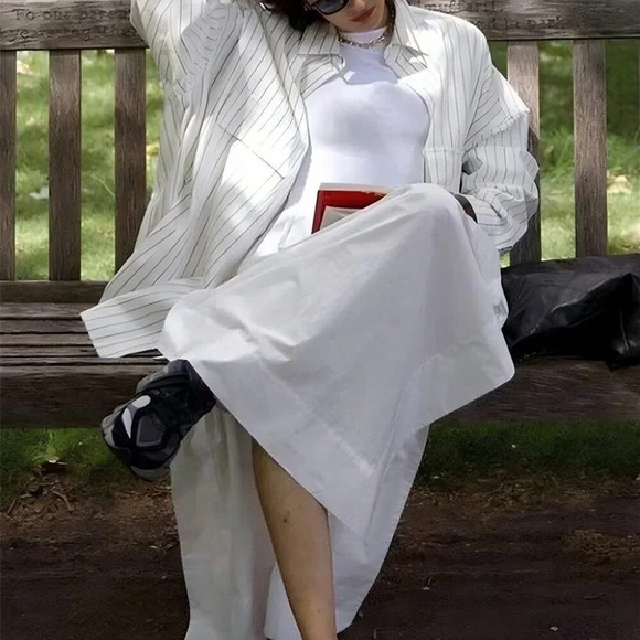 White Casual Women's Striped Large Pockets Long Sleeve Shirt - Picture 7 of 7